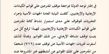 النيابة العامة: رفع أسماء 716 شخصًا من قوائم الكيانات الإرهابية والإرهابيين دفعة واحدة