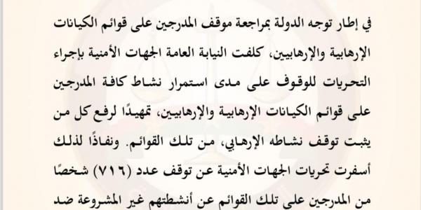 النيابة العامة: رفع أسماء 716 شخصًا من قوائم الكيانات الإرهابية والإرهابيين دفعة واحدة