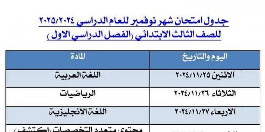 عاجل.. تعليم الجيزة تعلن جدول امتحانات شهر نوفمبر لـ الصف الثالث الابتدائي