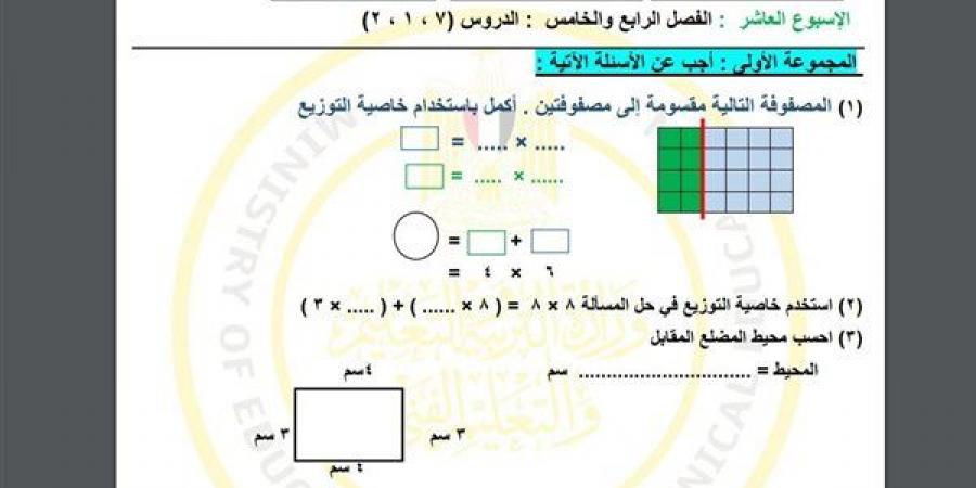 مراجعات نهائية.. أسئلة تقييم الاسبوع العاشر في الرياضيات الصف الثالث الابتدائي