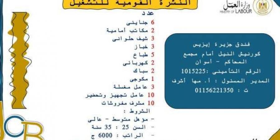 برواتب تبدأ من 6000 جنيه.. فرص عمل للشباب بأسوان «اعرف التفاصيل»