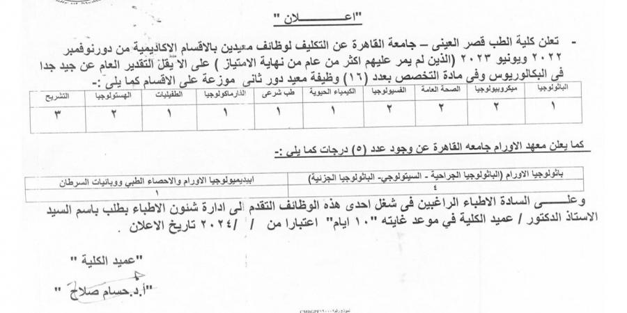 جامعة القاهرة.. كلية طب قصر العيني تعلن عن وظائف معيدين بالأقسام الأكاديمية